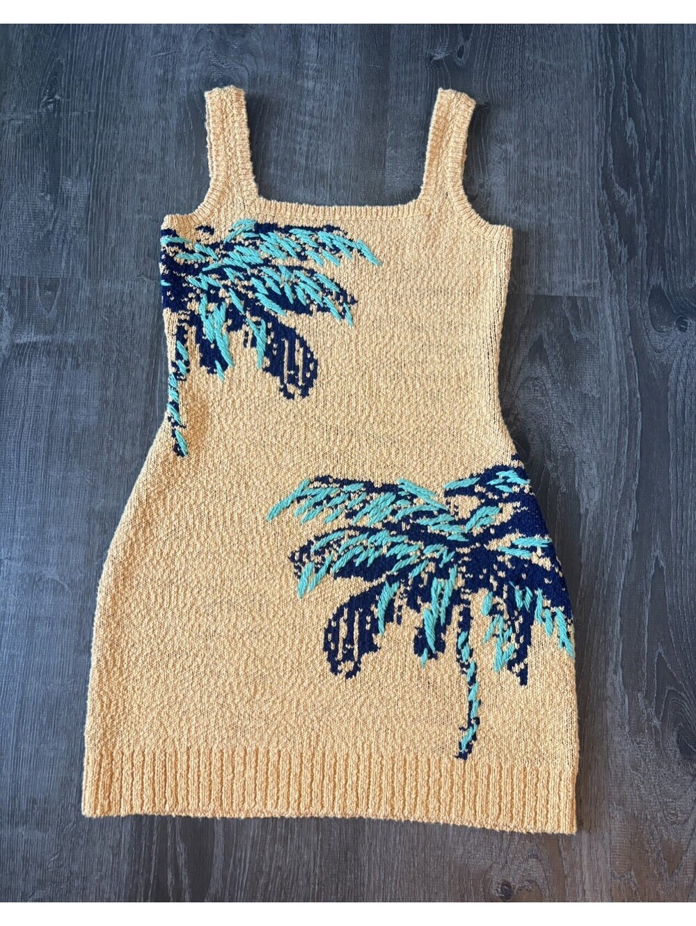 Anthropologie Mustard Yellow Palm Tree Knit Mini Dress Sleeveless Size XS